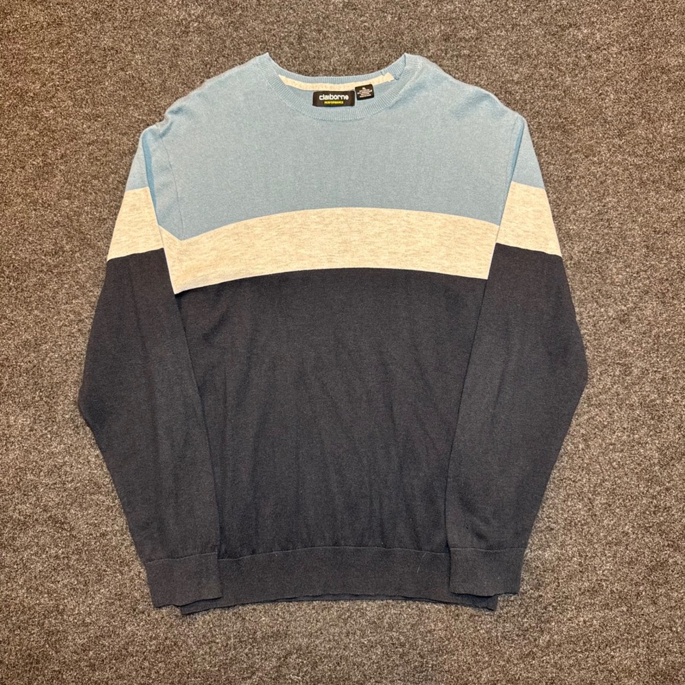 Claiborne Performance Mens XL Crewneck Sweater Colorblock Blue Grey Navy Cotton